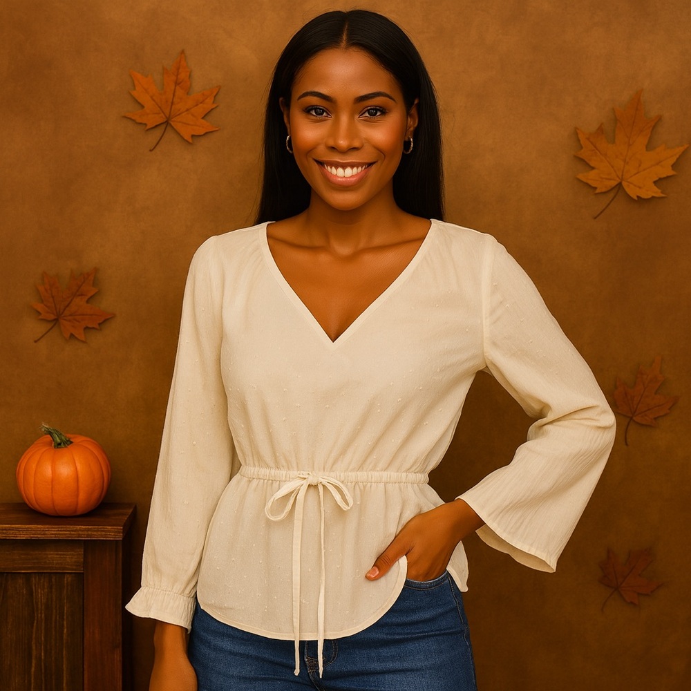 Cream Textured Peplum Blouse | Waist-Tie V-Neck | Fall Chic Essential
